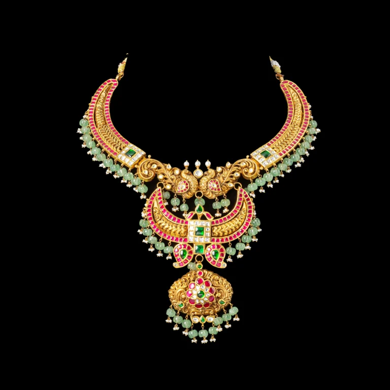 Ruby Emerald Temple Gold Necklace with Pearl Drops