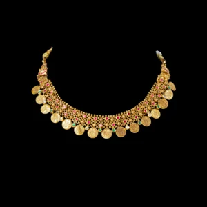 Traditional Kasu Gold Necklace with Ruby Emerald Accents