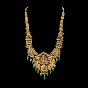 Radha Krishna Temple Gold Haram with Emerald Drops