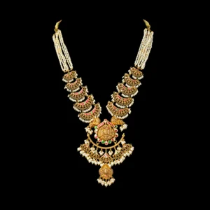 Pearl Strand Temple Gold Haram with Ruby Emerald Pendant
