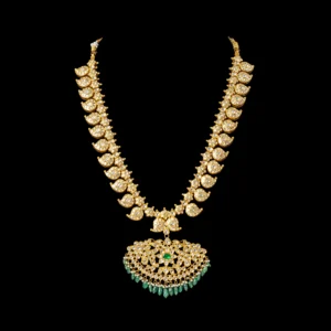 Bridal Gold Haram with Diamond Pendant and Emerald Drops