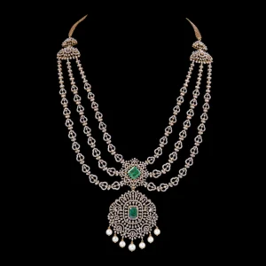 Three-Strand Emerald Diamond Haram with Pendant