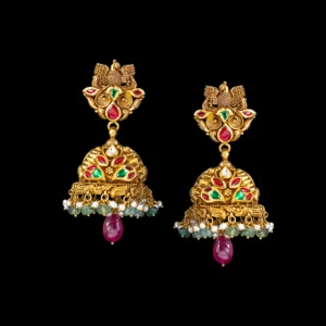 Peacock Ruby Emerald Gold Jhumka with Pearl Drops