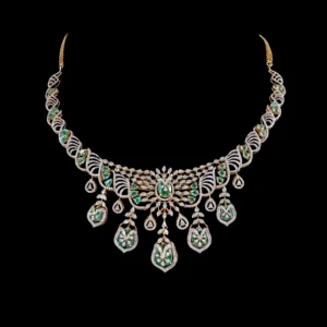 Leaf Motif Emerald Diamond Drop Necklace