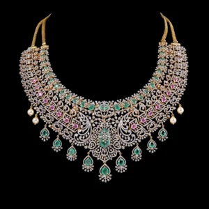 Ruby Emerald Broad Diamond Bridal Necklace