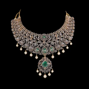 Emerald Medallion Diamond Necklace with Pearl Drops