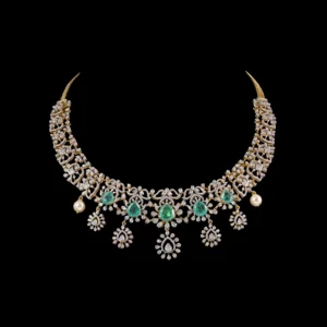 Emerald Floral Diamond Necklace with Pearl Drops