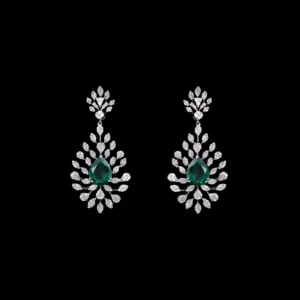 Pear Emerald Marquise Halo Diamond Drop Earrings