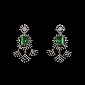Rectangular Emerald Geometric Diamond Drop Earrings