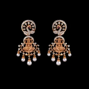 Lakshmi Motif Diamond Earrings with Pearl Drops