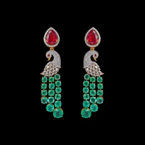 Ruby Emerald Peacock Diamond Long Earrings
