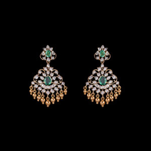 Emerald Diamond Chandbali Earrings with Gold Beads