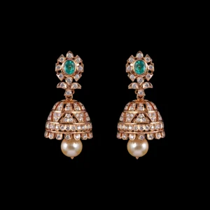 Emerald Diamond Jhumka Earrings with Pearl Drop