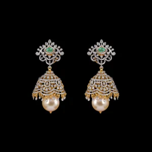 Emerald Floral Diamond Jhumka Earrings with Pearl Drop