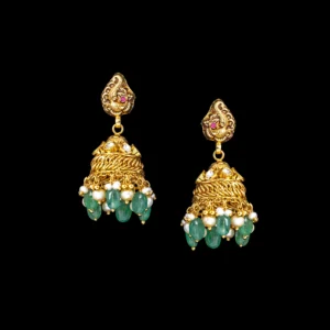 Antique Gold Jhumka with Emerald Bead Drops
