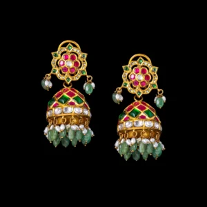 Floral Ruby Emerald Diamond Gold Jhumka
