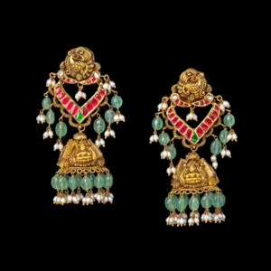 Temple Deity Ruby Emerald Gold Jhumka Earrings