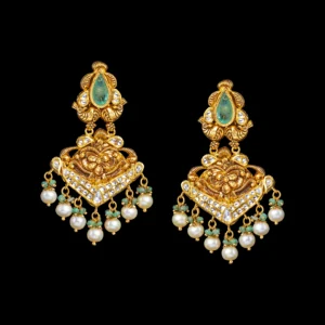Sapphire Diamond Pearl Gold Chandbali Earrings