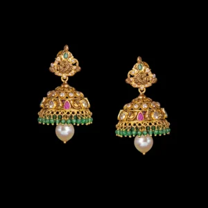 Antique Gold Jhumka with Ruby Emerald and Pearl Drop
