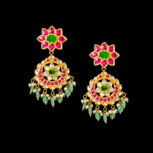 Lotus Ruby Emerald Diamond Gold Chandbali Earrings