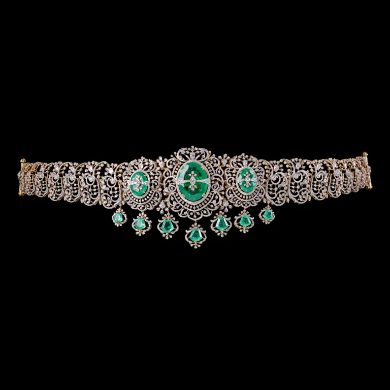 Emerald Medallion Diamond Vaddanam with Drop Accents