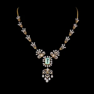 Art Deco Emerald Diamond Necklace with Pearl Drops