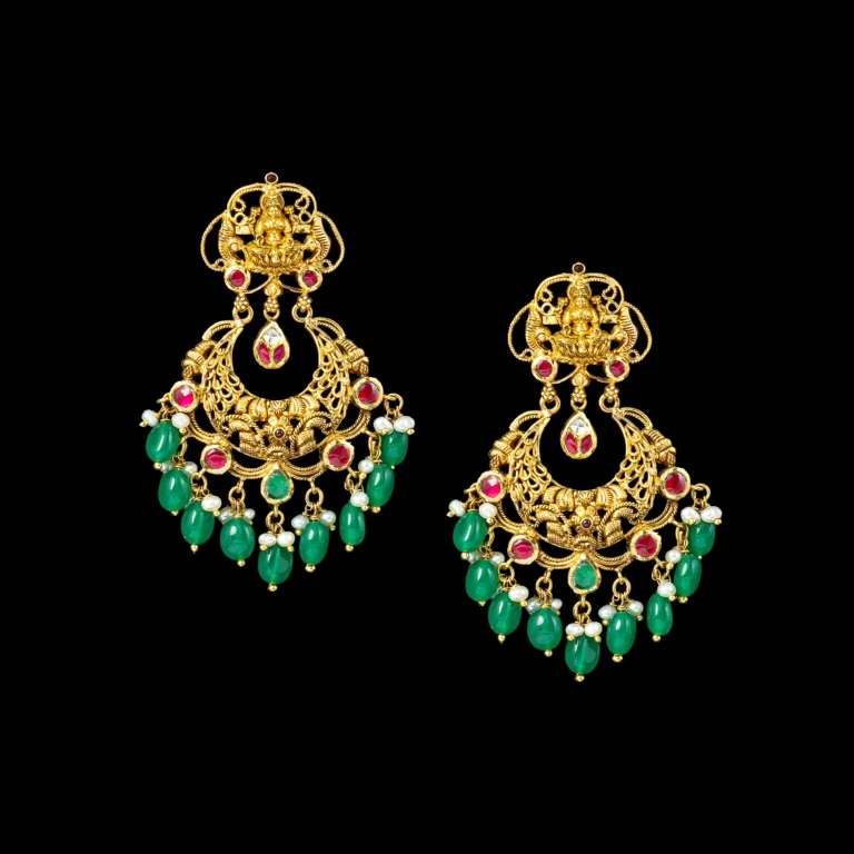 Coin Temple Gold Chandelier Earrings with Emerald Drops