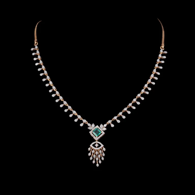 Leaf Motif Emerald Accent Diamond Necklace