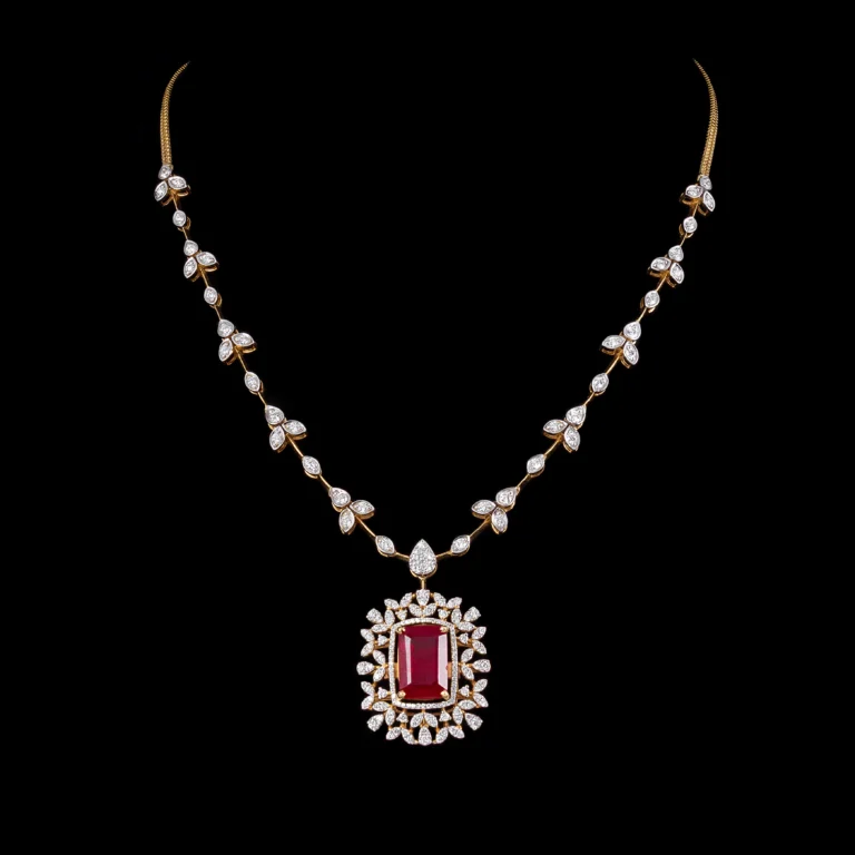 Rectangular Ruby Floral Diamond Necklace