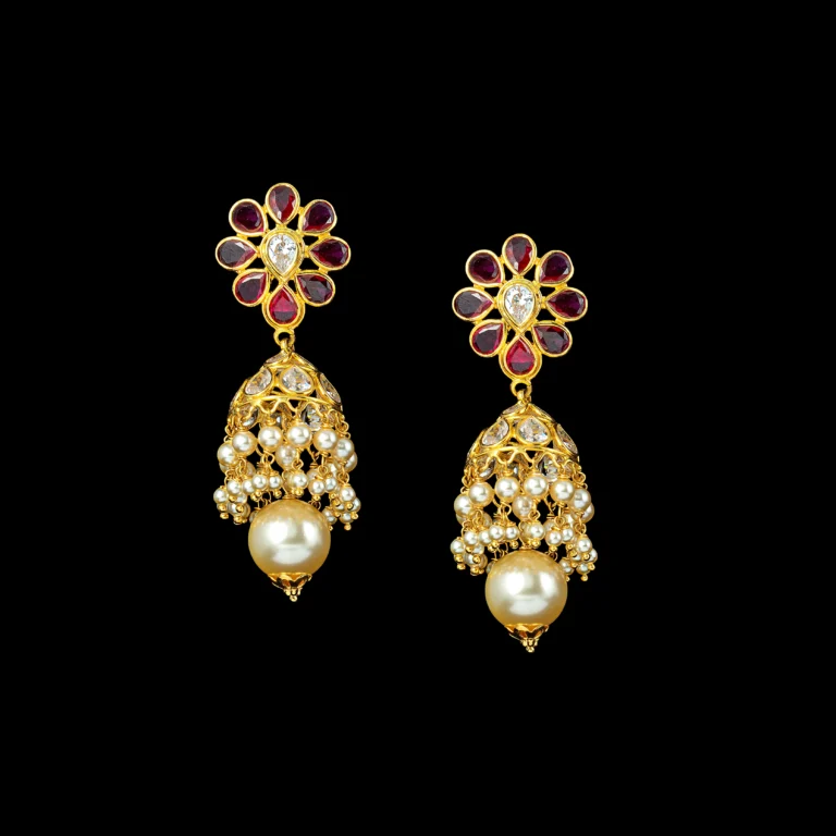Floral Pearl Drop Gold Earrings with Ruby Accents