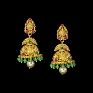 Temple Gold Jhumka with Emerald Fringe and Pearl Drop