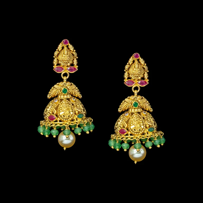 Temple Gold Jhumka with Emerald Fringe and Pearl Drop