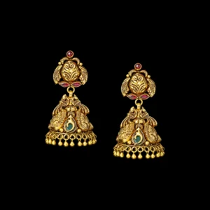 Antique Peacock Gold Jhumka with Ruby Accents
