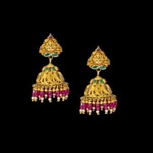 Ruby Fringe Temple Gold Jhumka Earrings