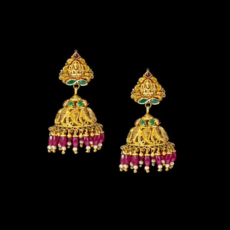 Ruby Fringe Temple Gold Jhumka Earrings