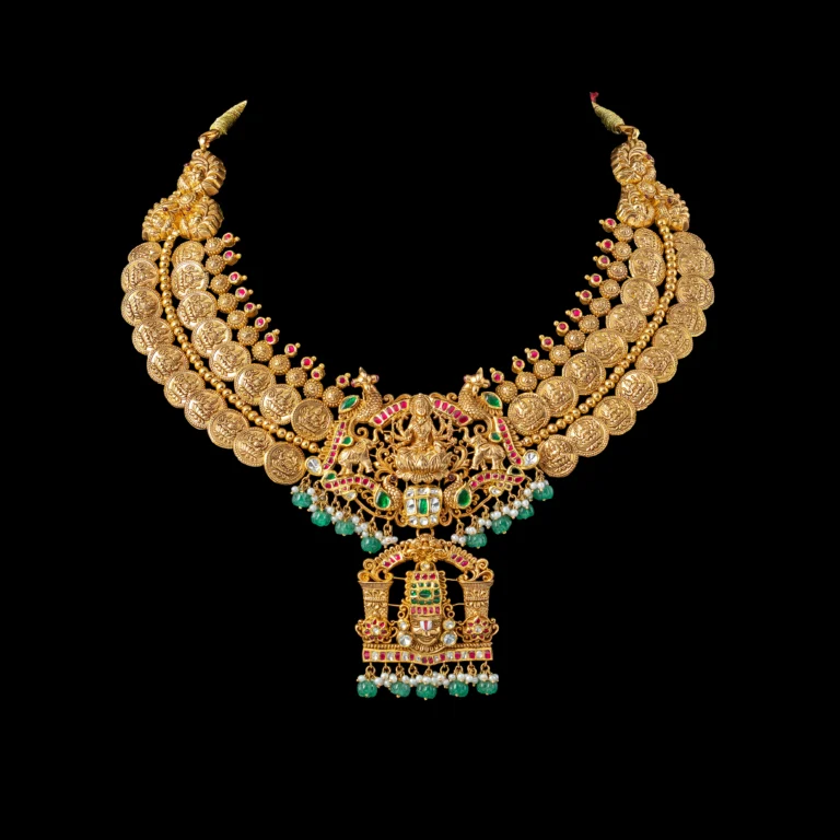 Temple Gold Necklace with Ruby Emerald Pendant