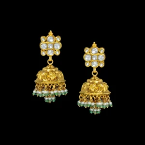 Diamond Floral Top Gold Jhumka with Emerald Fringe