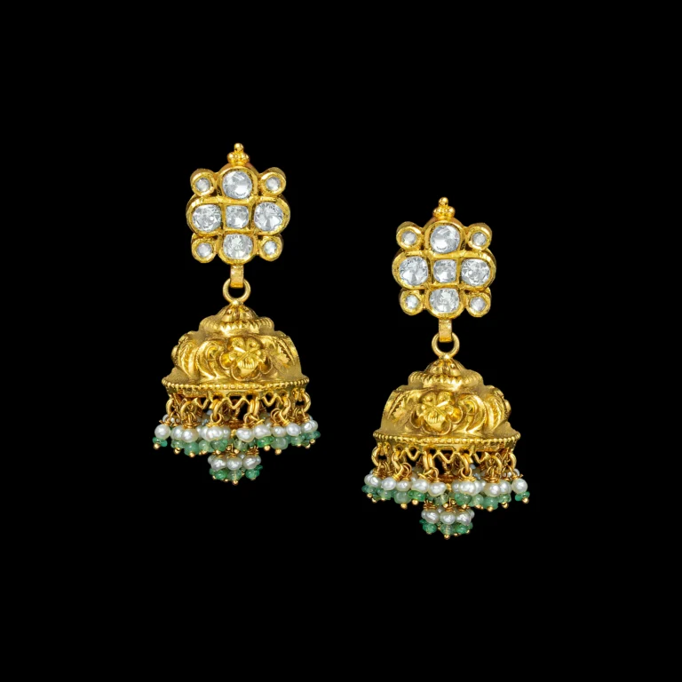 Diamond Floral Top Gold Jhumka with Emerald Fringe