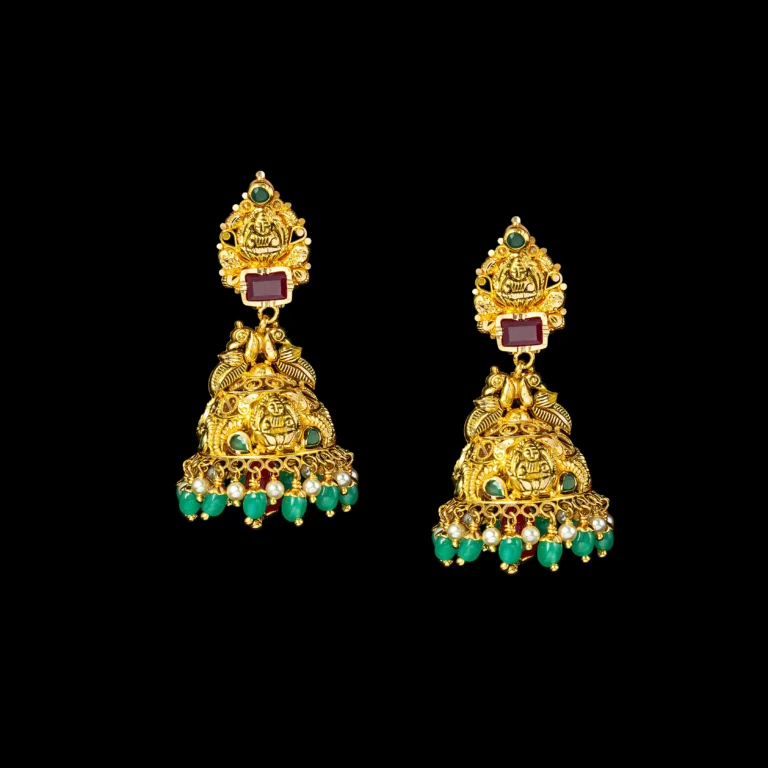 Ruby Temple Gold Jhumka with Emerald Drops
