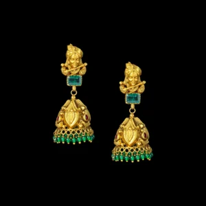 Emerald Temple Gold Jhumka with Bead Fringe