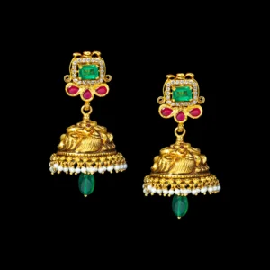 Ruby Emerald Temple Gold Jhumka with Diamond Fringe