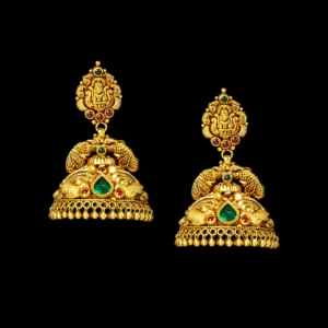 Traditional Temple Gold Jhumka with Emerald Centre