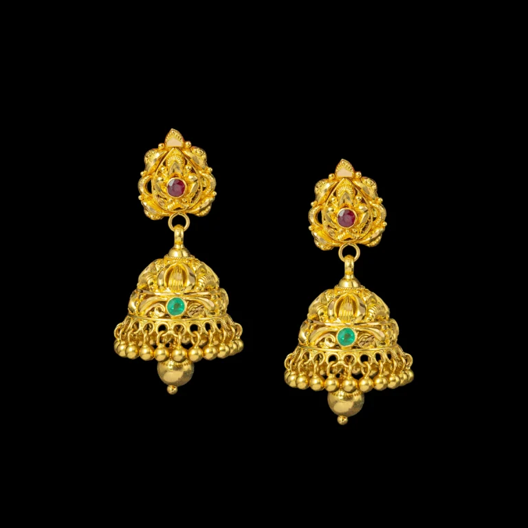 Floral Ruby Emerald Gold Jhumka with Bead Fringe