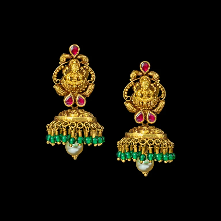 Ruby Emerald Temple Gold Jhumka with Pearl Drop