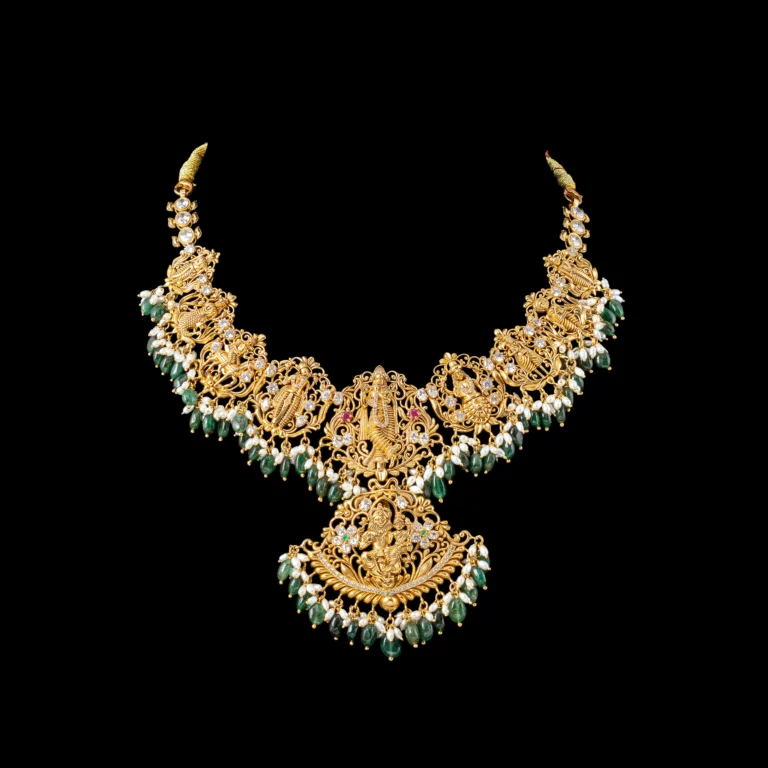 Grand Temple Gold Necklace with Emerald Bead Drops