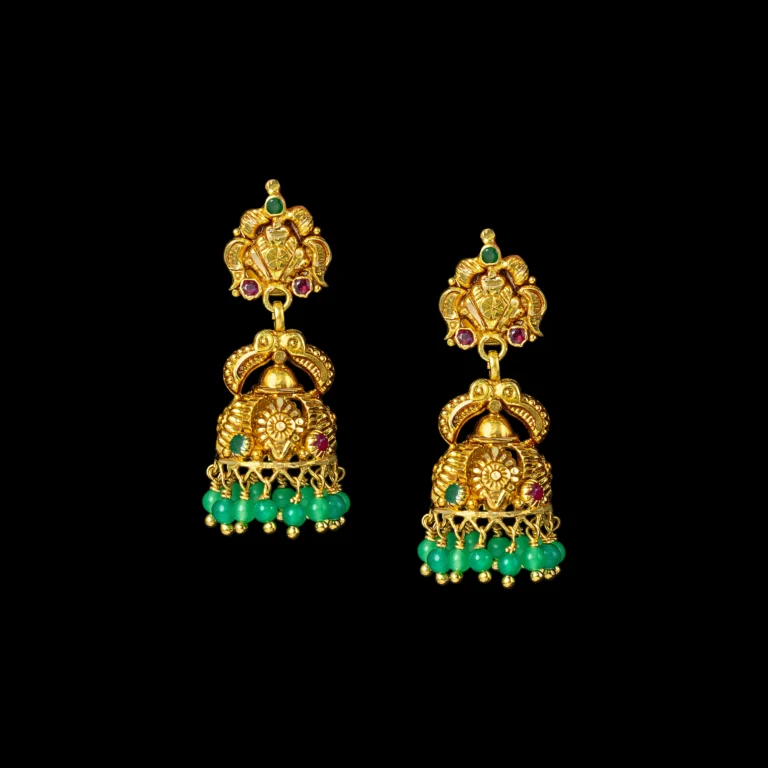 Temple Gold Jhumka with Emerald Bead Fringe