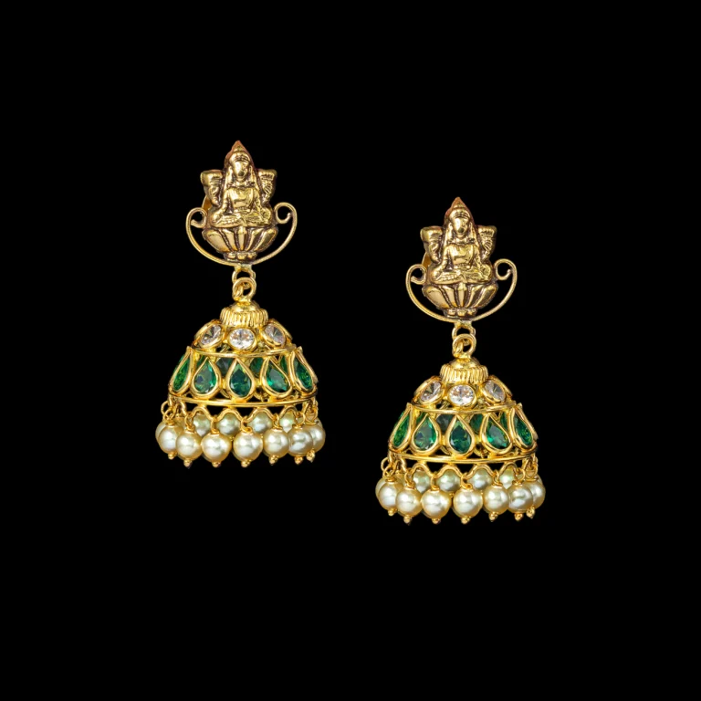 Lotus Emerald Pearl Gold Jhumka Earrings