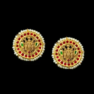 Traditional Temple-Style Gold Earrings with Ruby, Emerald & Pearl Detailing