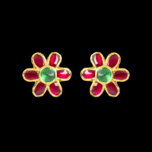Ruby Emerald Flower Gold Stud Earrings