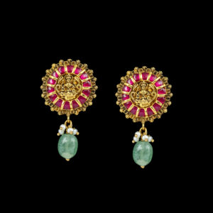 Ruby Floral Gold Studs with Emerald Drops